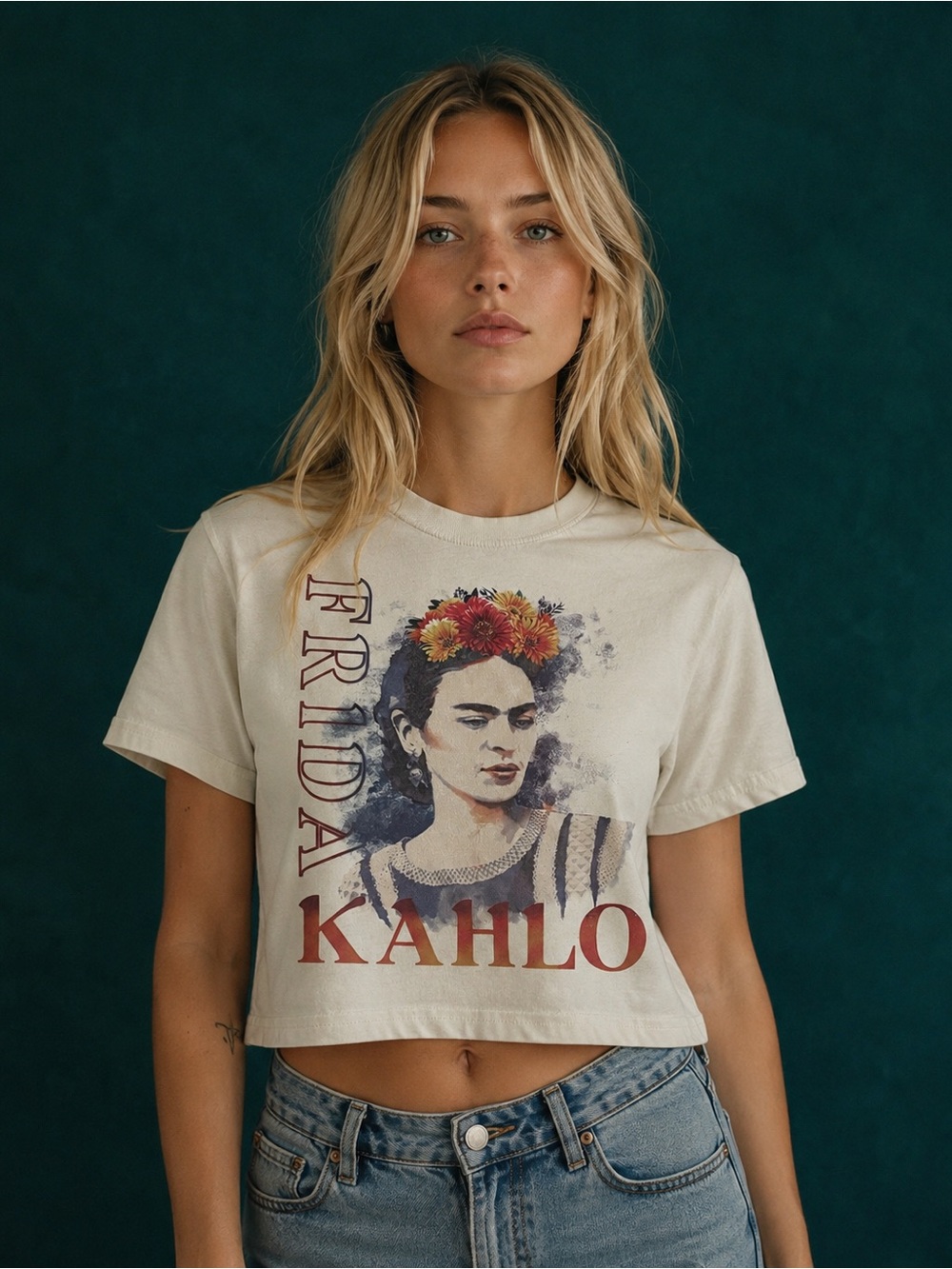 Frida Kahlo Graphic Tee White Floral Portrait Art Shirt Short Sleeve Large